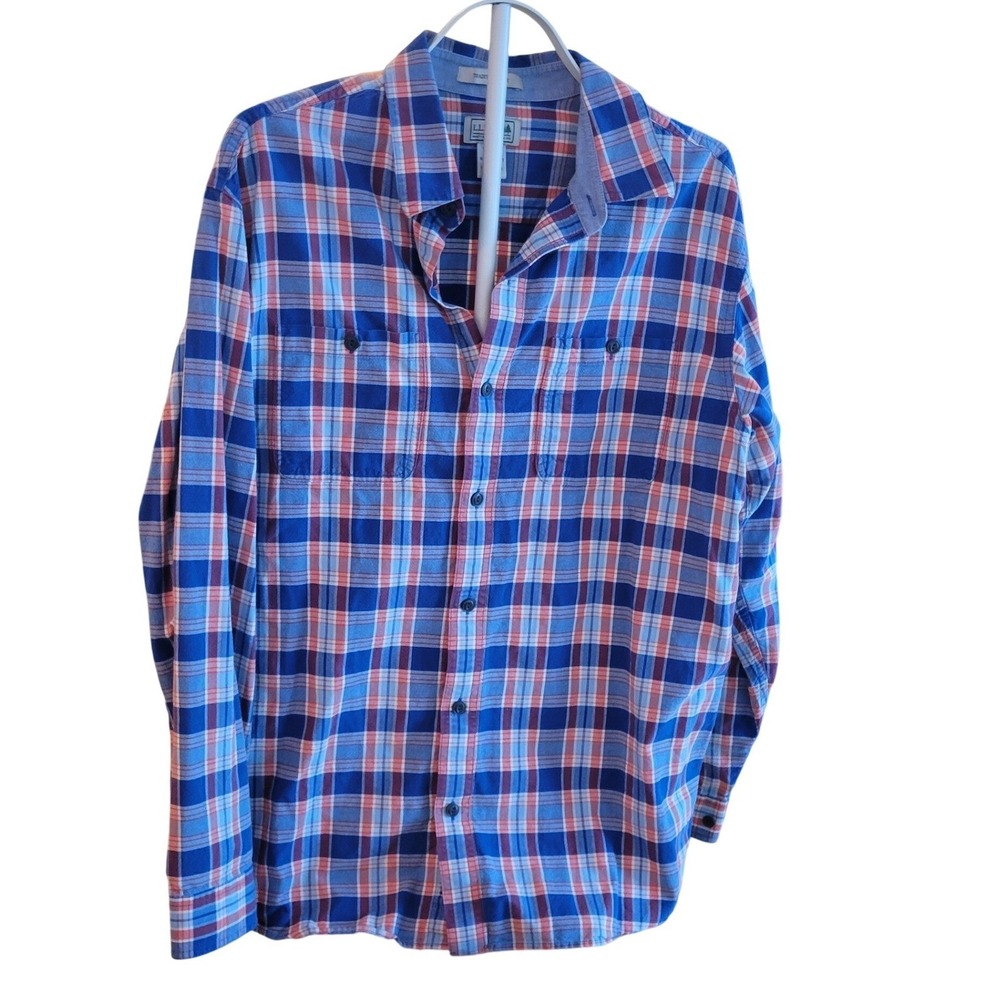 LL Bean Mens Traditional Fit Plaid Button Down Shirt Sz Large Blue Orange Cotton